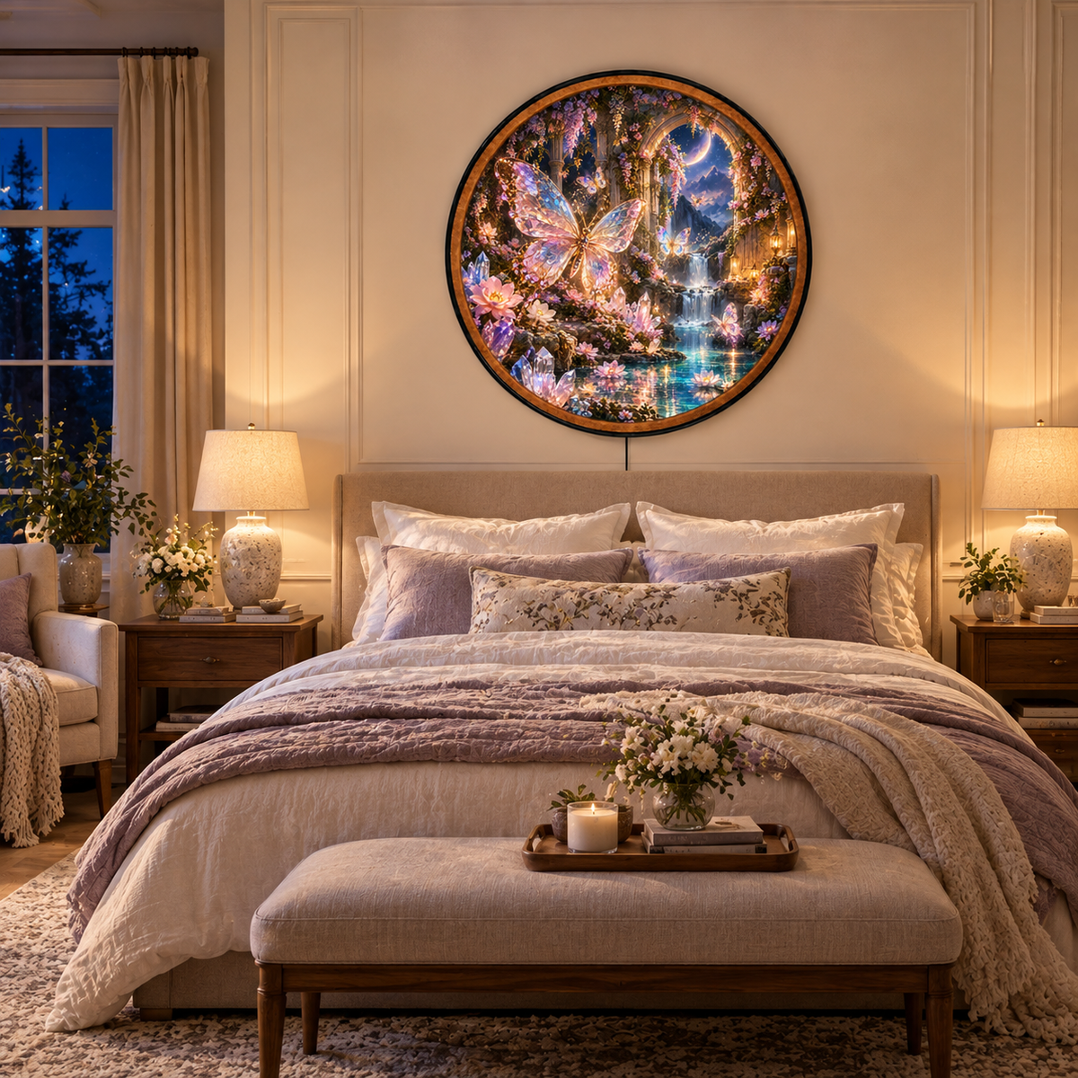 Enchanted Butterfly Garden – Handcrafted Round LED Wall Art