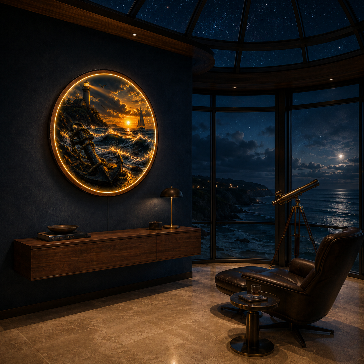 Beacon of Hope Round LED Wall Art | Lighthouse Sunset Acrylic Wall Decor with Wooden Frame