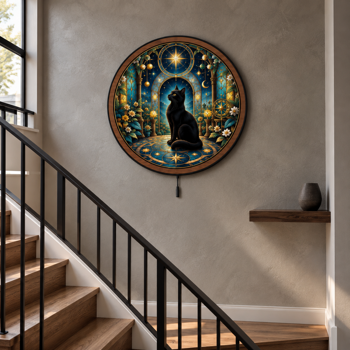 Midnight Astral Conservatory — Black Cat LED Wall Art | Celestial Botanical Lighted Wall Decor