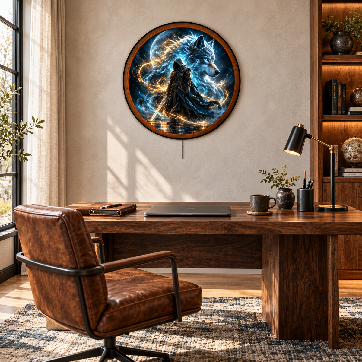 Handcrafted Moonlit Wolf Guardian Fantasy LED Wall Art