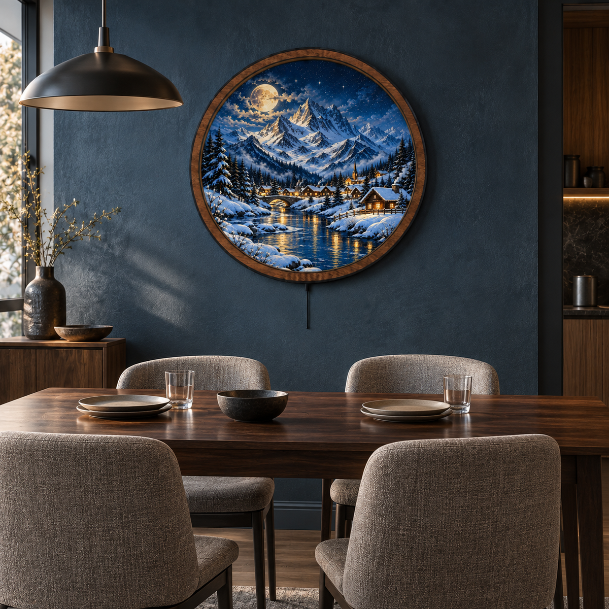 Winterlight Village LED Wall Art – Golden Moon Mountain Retreat
