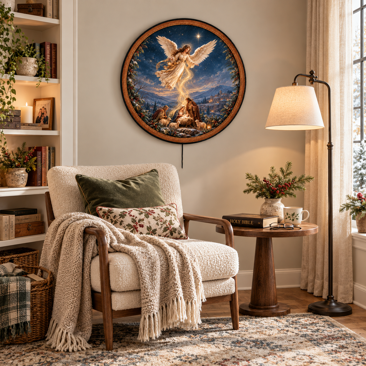 Handcrafted Nativity Scene LED Wall Art – Guardian Angel & Holy Family Christmas