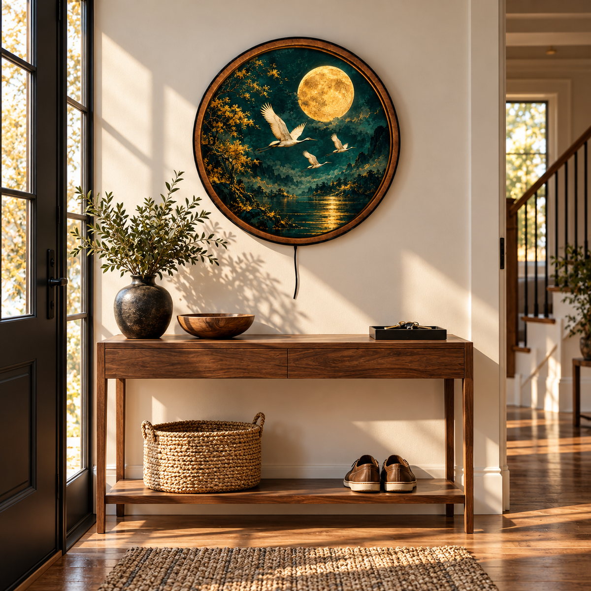 Handcrafted Moonlit Cranes LED Wall Art – Golden Full Moon & Flying White Cranes