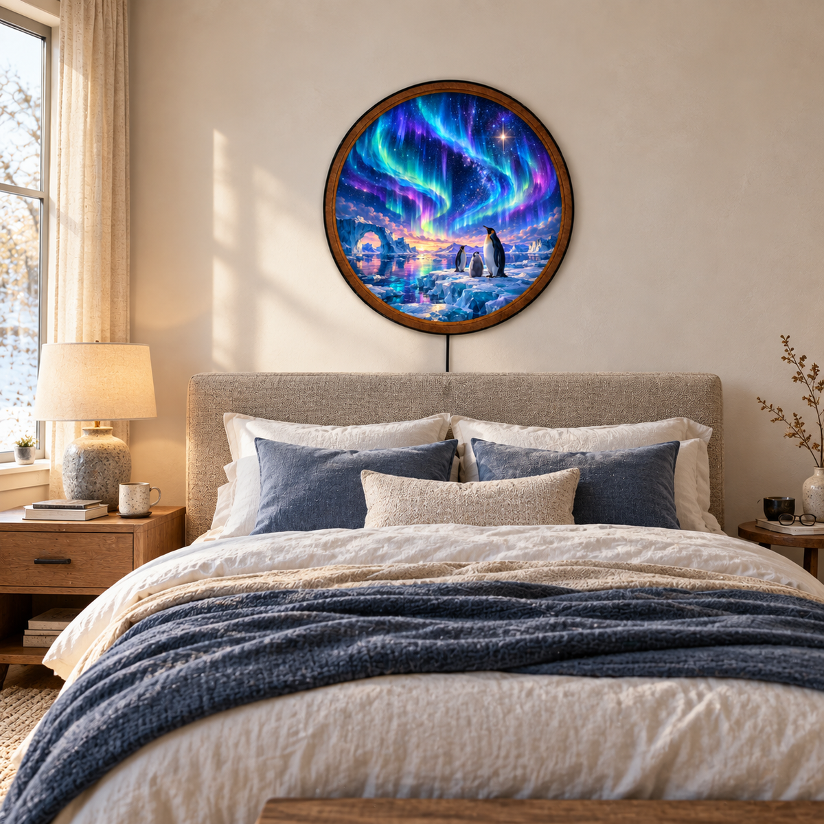 Aurora Penguin Family – Handcrafted Round LED Wall Art