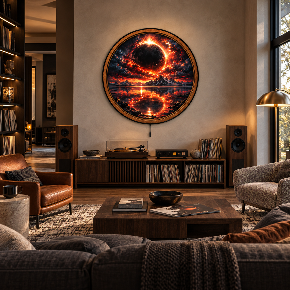 Handcrafted Solar Eclipse Mountain Lake LED Wall Art