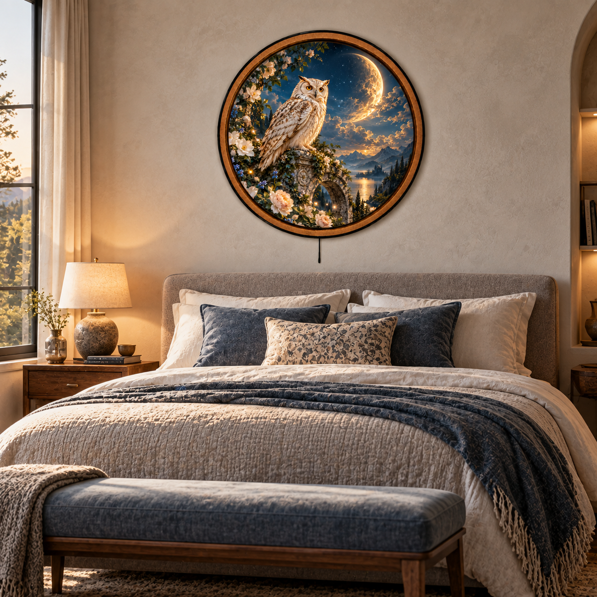 Handcrafted Moonlit White Owl Fantasy LED Wall Art