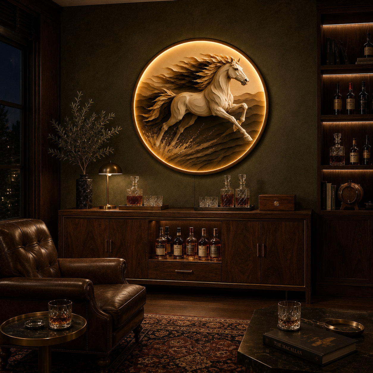 Majestic Running Horse LED Wall Art – Round Illuminated Wall Decor