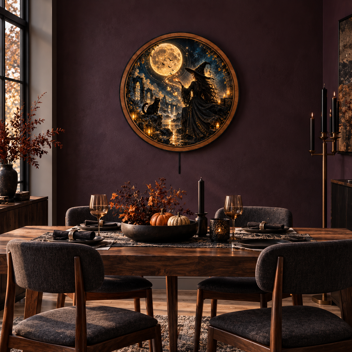 Moonveil Witch – Golden Familiar LED Wall Art