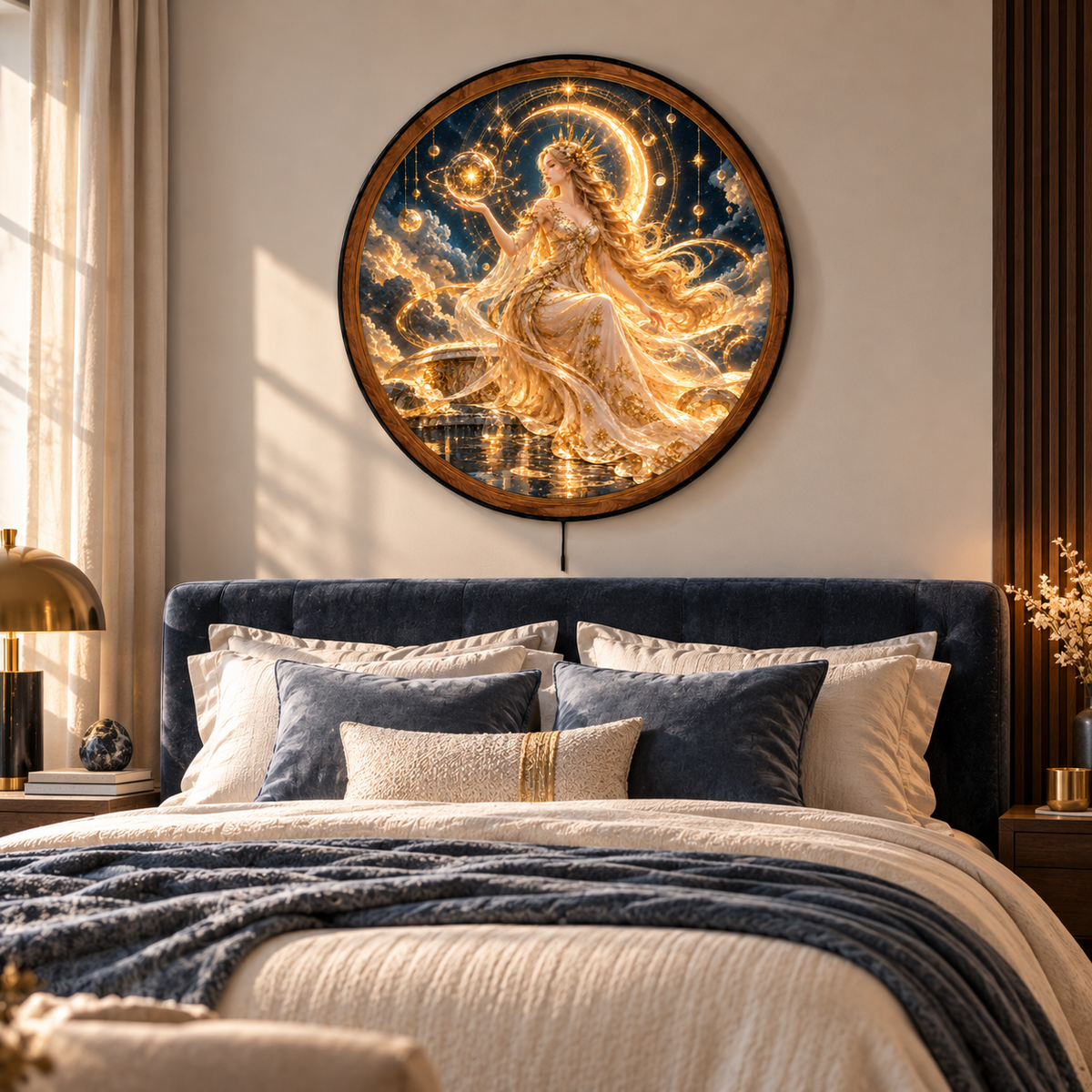 Celestial Goddess Golden Moon Circular LED Wall Art