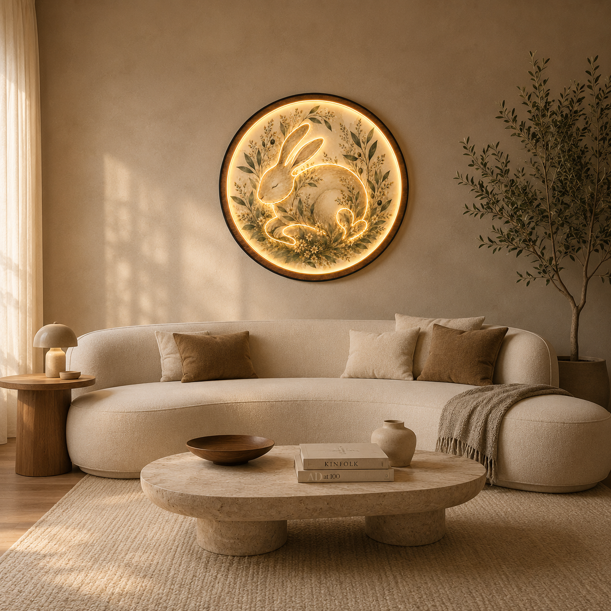 Sleeping Bunny LED Wall Art – Whimsical Round Wooden Night Light Decor