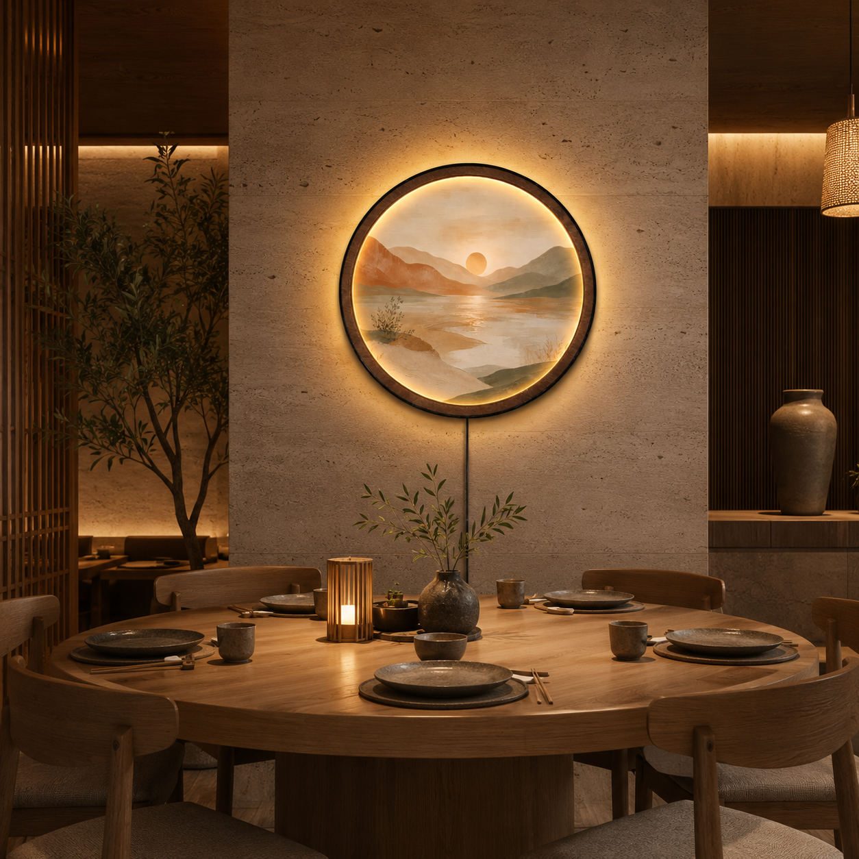 Desert Sunset Lake LED Wall Lamp | Boho Wood Art Decor