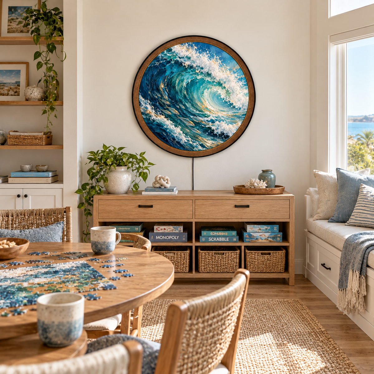 Handcrafted Ocean Wave LED Wall Art – Turquoise Barrel Wave & Silver Fish, Coastal Beach House Wall Decor