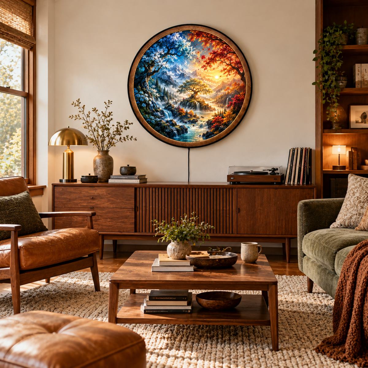 Handcrafted Four Seasons Tree LED Wall Art – Spring & Autumn Mountain Waterfall