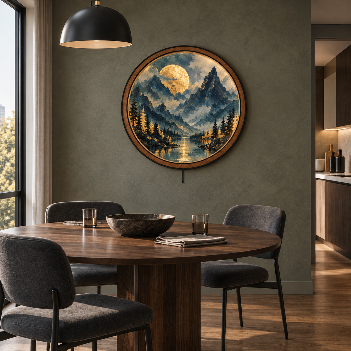 Golden Moon Peaks LED Wall Art – Blue Mountain Landscape Decor