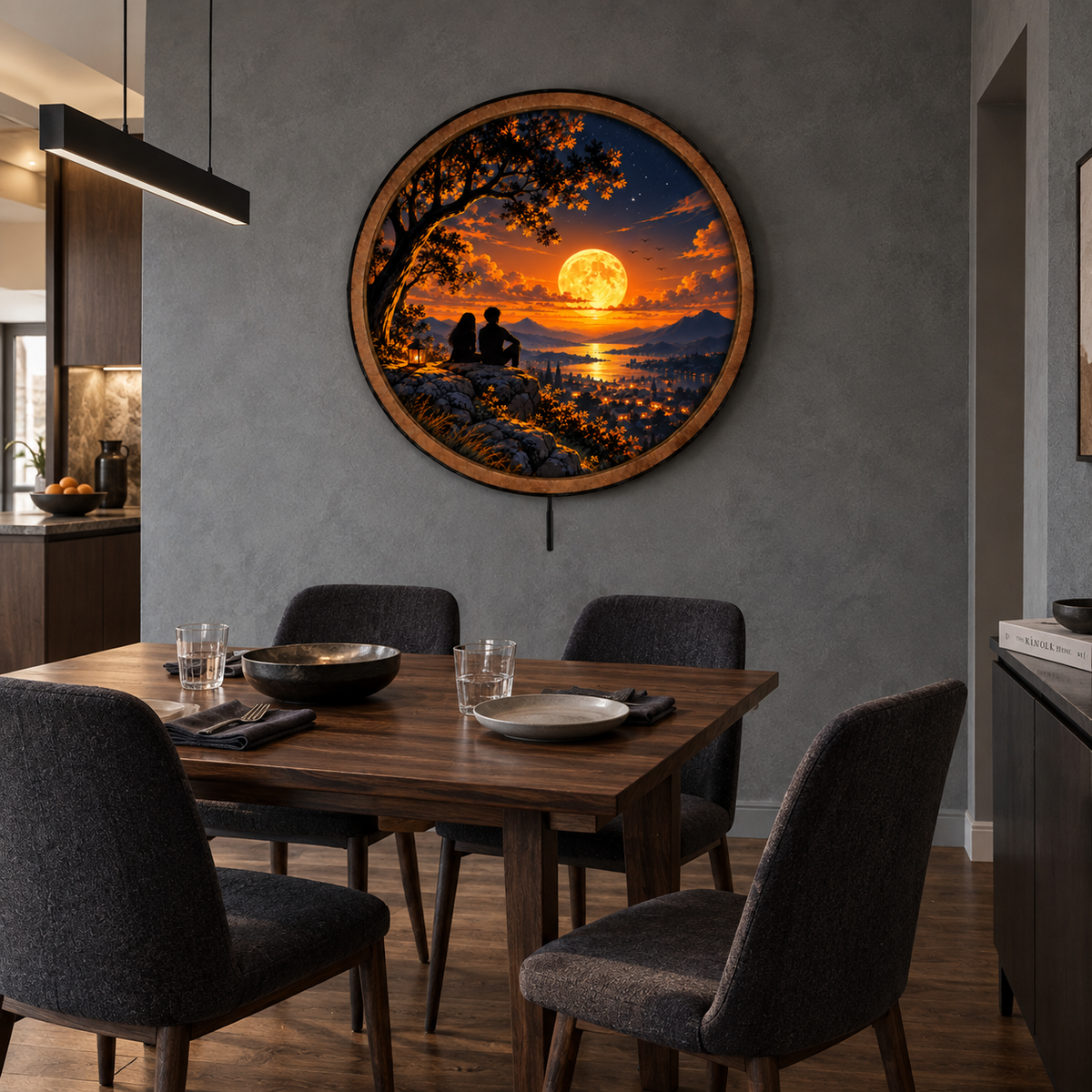 Golden Moon Lovers LED Wall Art – Romantic Sunset Landscape Decor