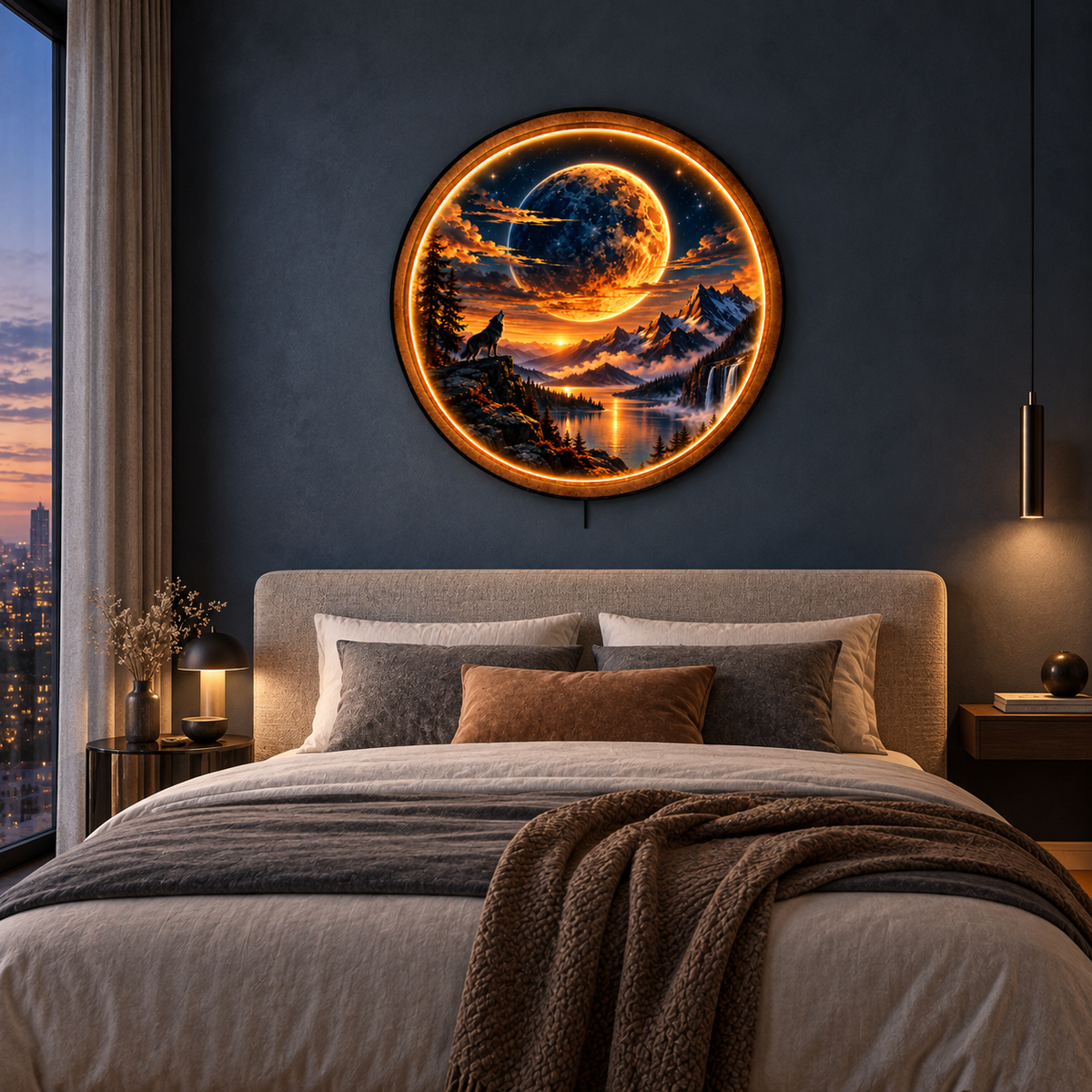 Lunar Wolf LED Wall Art – Moonlit Mountain Wilderness Decor