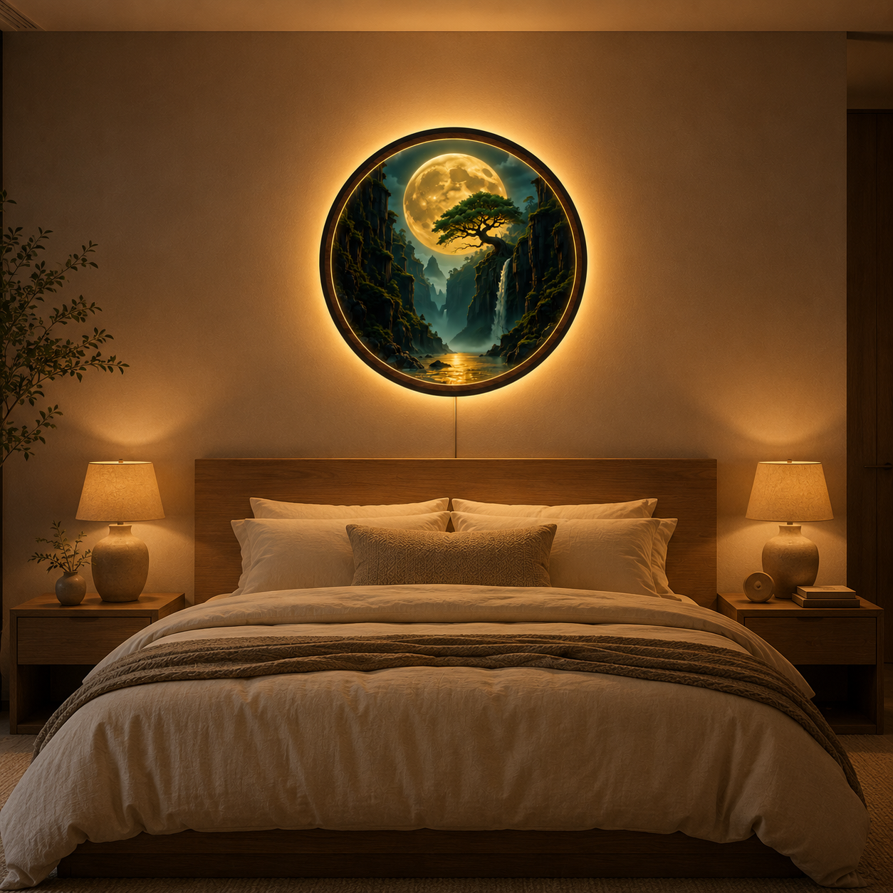 Moonlit Waterfall Canyon LED Wall Lamp | Fantasy Wood Art