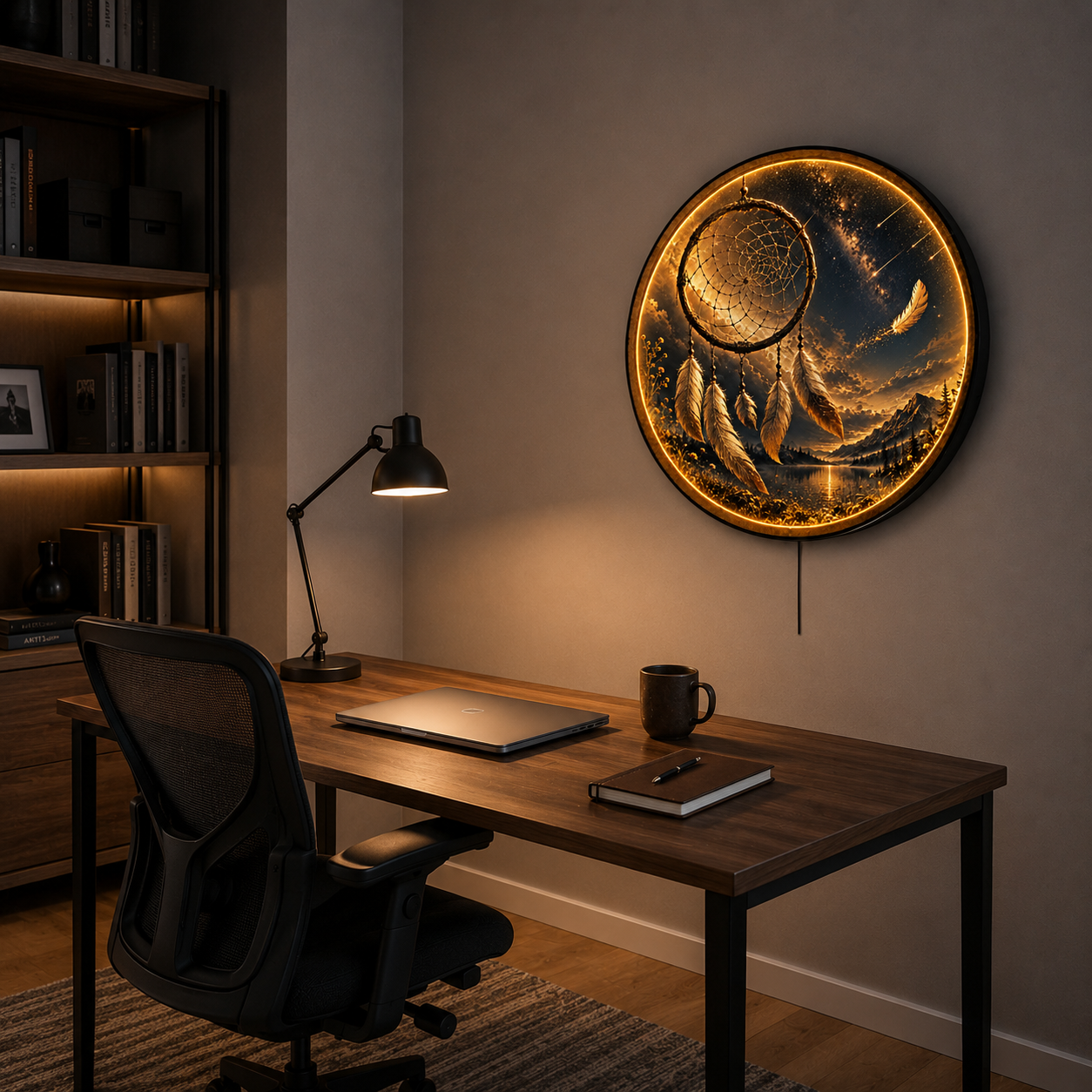 Golden Dreamcatcher LED Wall Art – Celestial Moon & Feather Decor