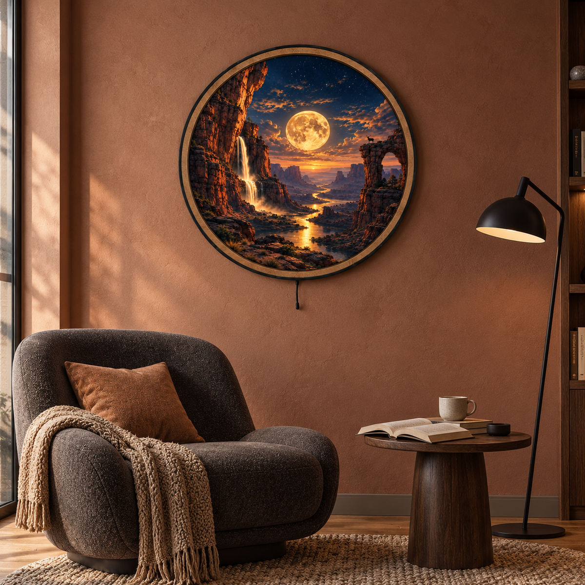 Golden Moon Canyon LED Wall Art – Waterfall & Desert Landscape