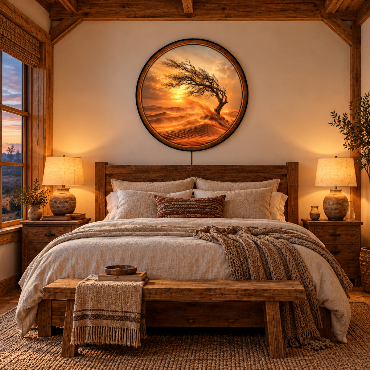 Handcrafted Desert Tree LED Wall Art – Golden Sunset & Windswept Tree, Rustic Nature Landscape