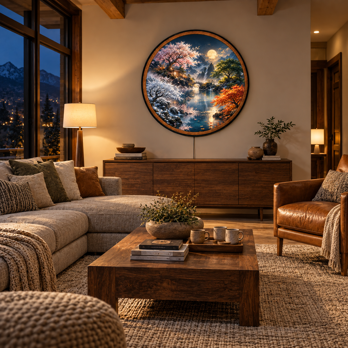 Four Seasons Moonlit Garden – Handcrafted Round LED Wall Art
