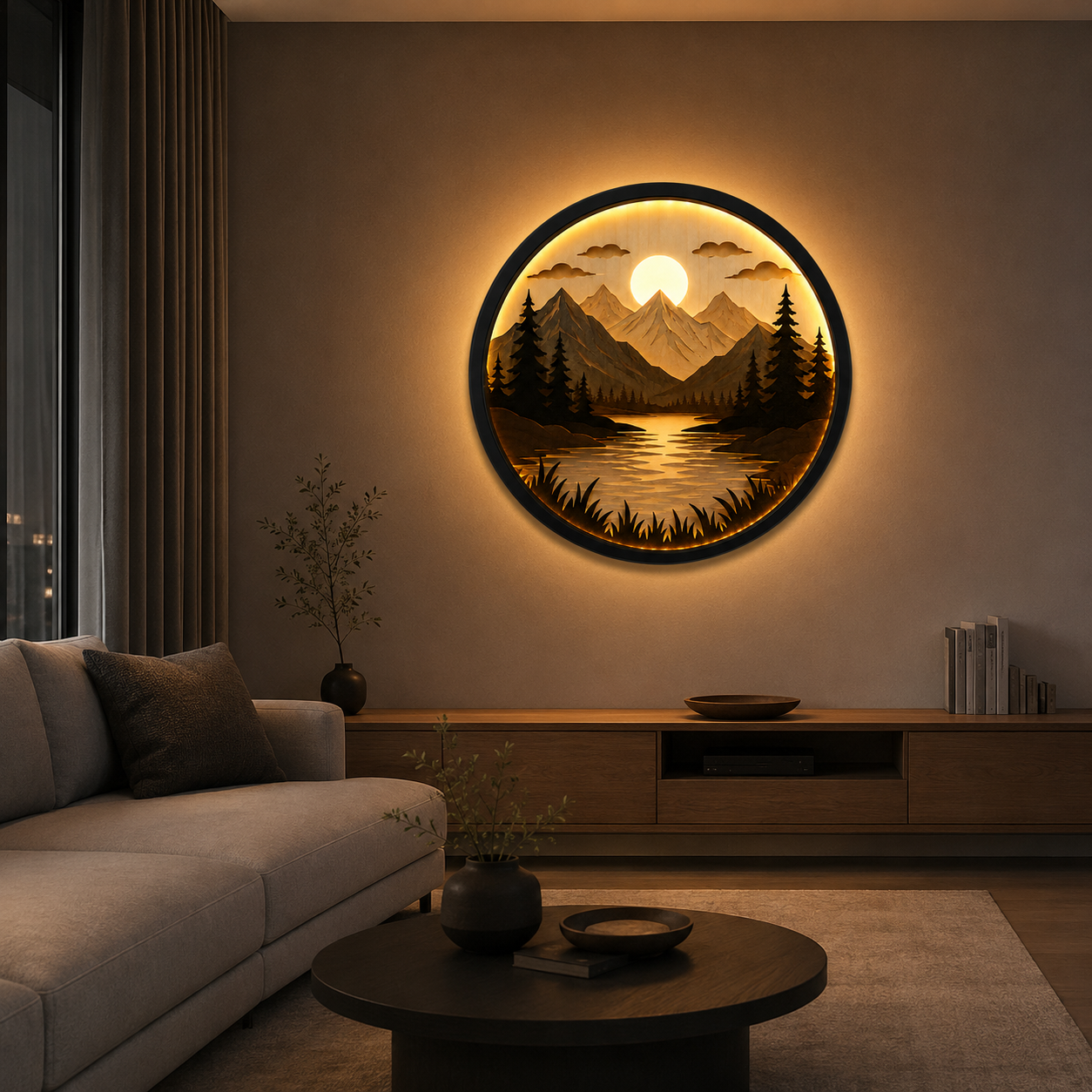 Handcrafted Wood Art Light - 3D Layered Mountain & Lake Design - Warm LED Backlight