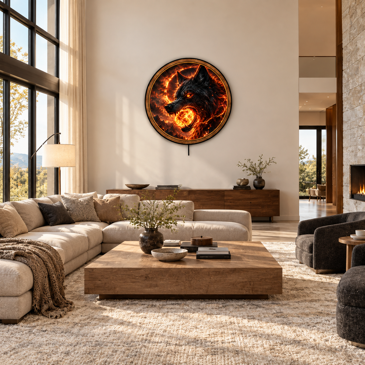 Handcrafted Inferno Wolf Eclipse LED Wall Art