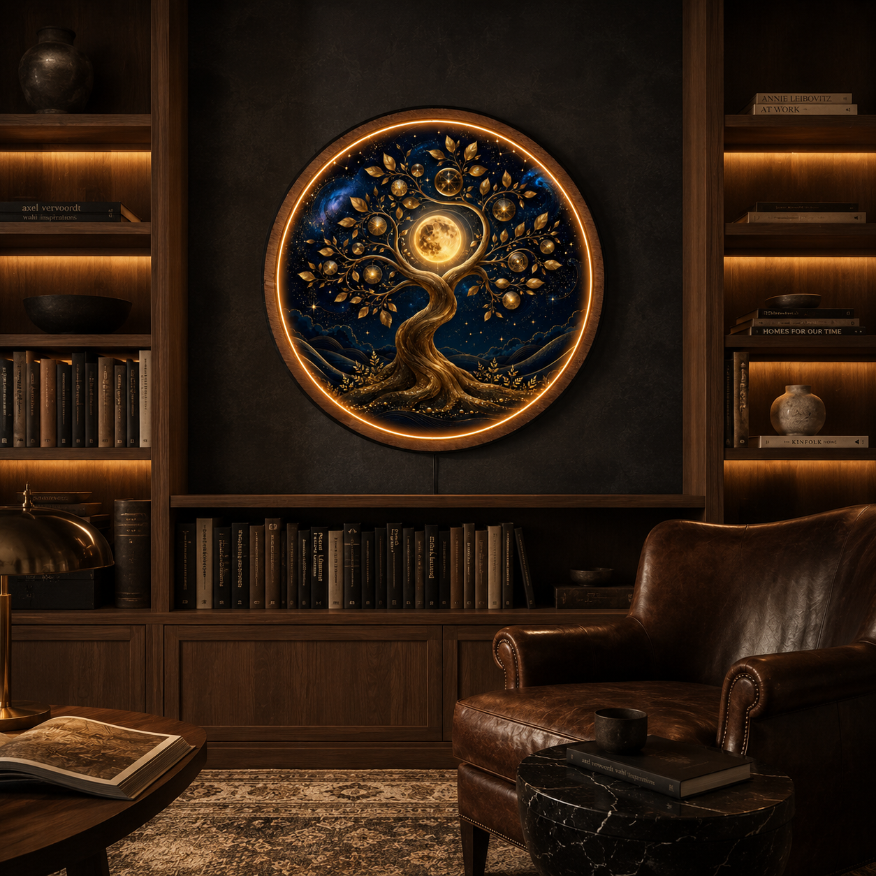 Tree of Life Moon Round LED Wall Art | Illuminated Acrylic Wall Decor with Wooden Frame
