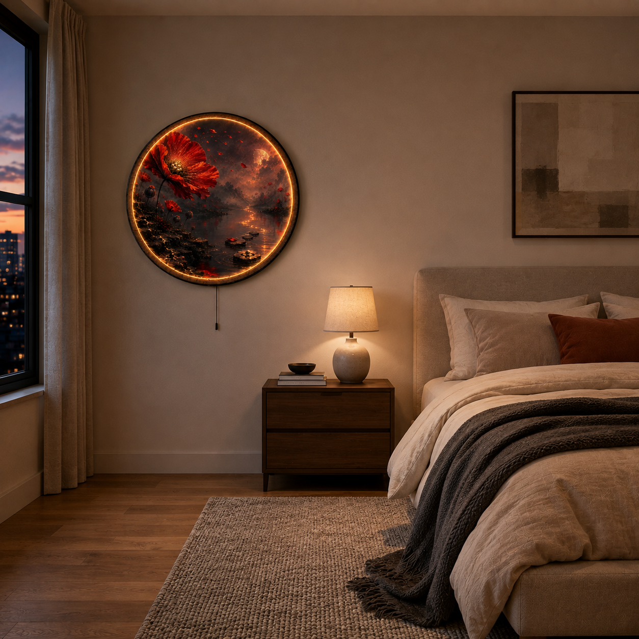 Red Poppy Moon LED Wall Art – Moonlit Wildflower Landscape