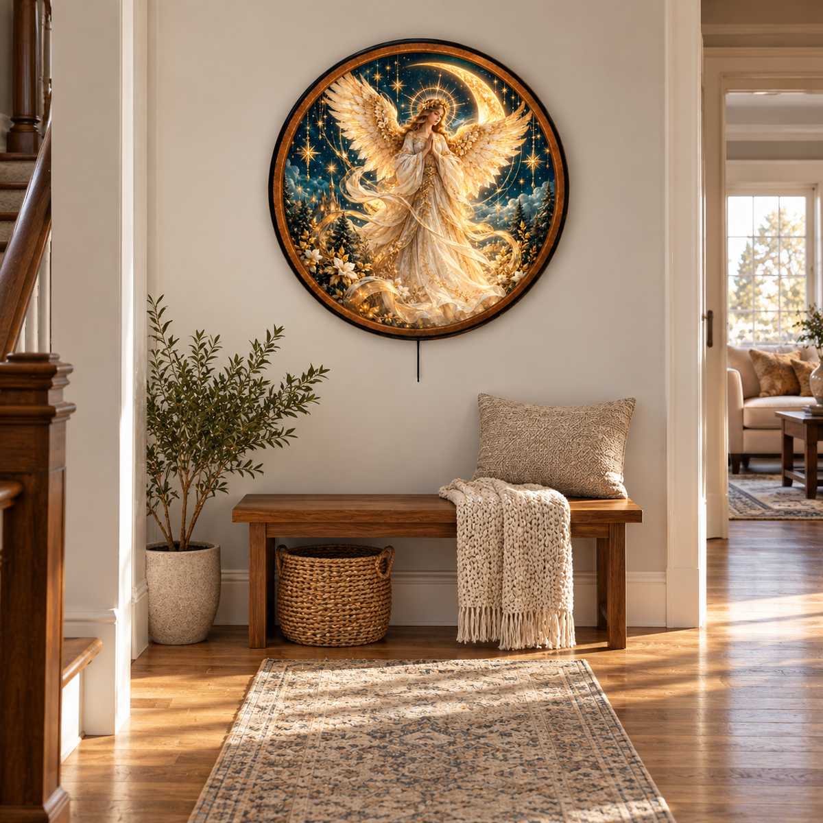 Celestial Guardian Angel – Handcrafted Round LED Wall Art