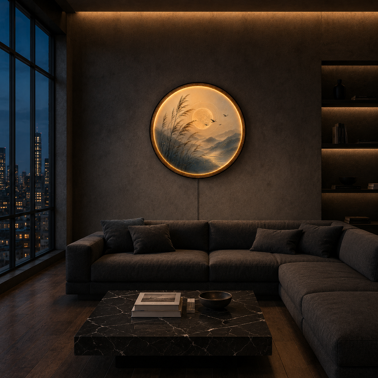 Golden Mist Serenity LED Wall Art – Japanese Zen Landscape Illuminated Round Wall Decor