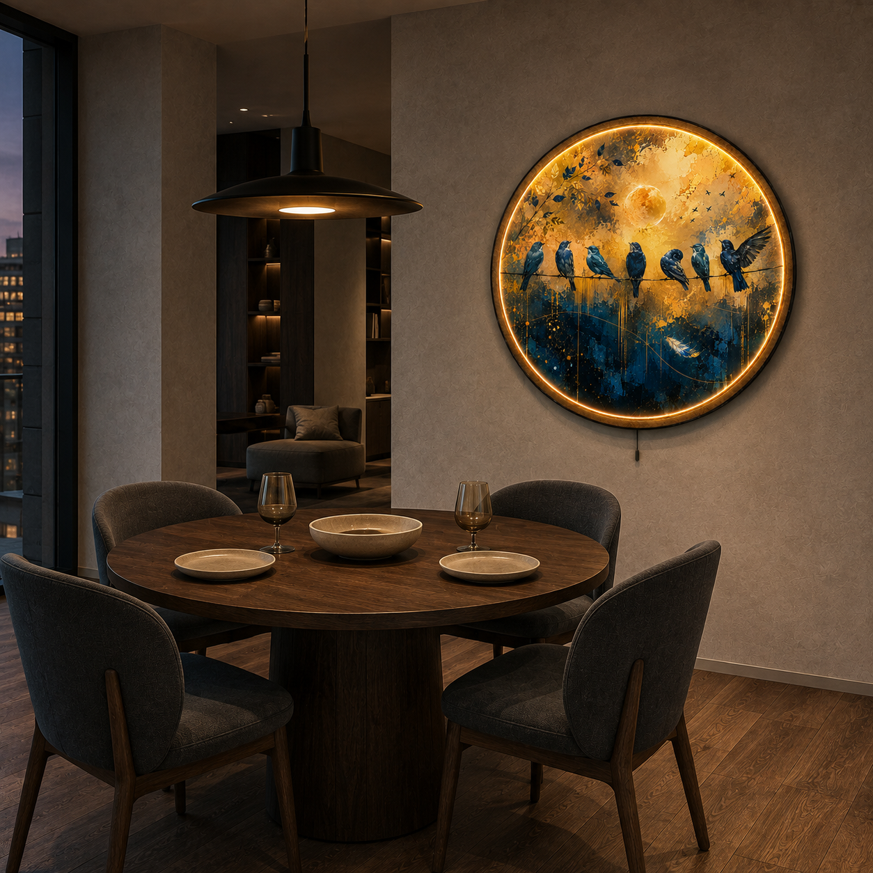 Golden Chorus LED Wall Art – Blue Birds & Golden Moon Decor