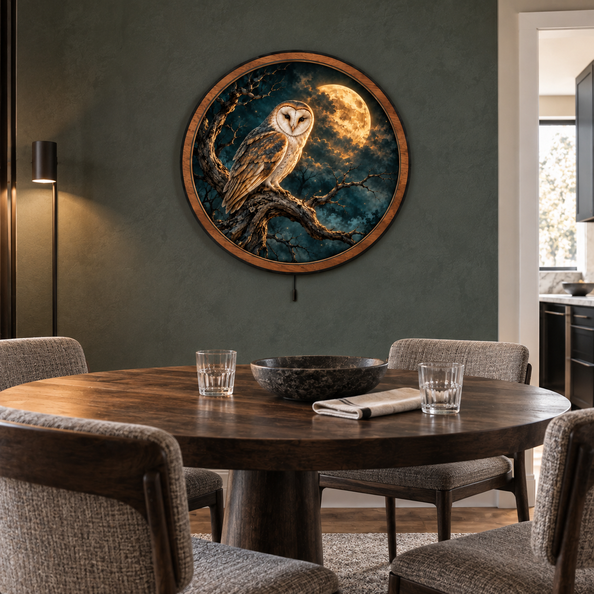 Moonlit Sentinel Owl – Golden Moon LED Wall Art