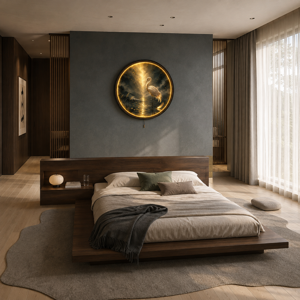 Golden Stillness Pearl Crane LED Wall Art – Luxury Round Decor