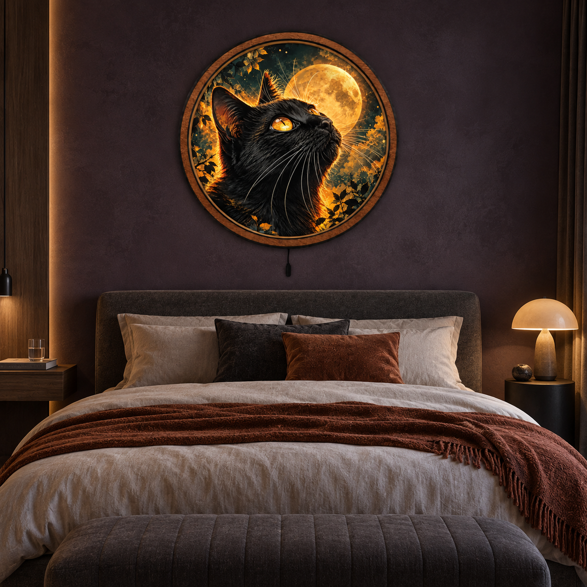 Midnight Guardian LED Wall Art – Black Cat & Golden Moon Decor