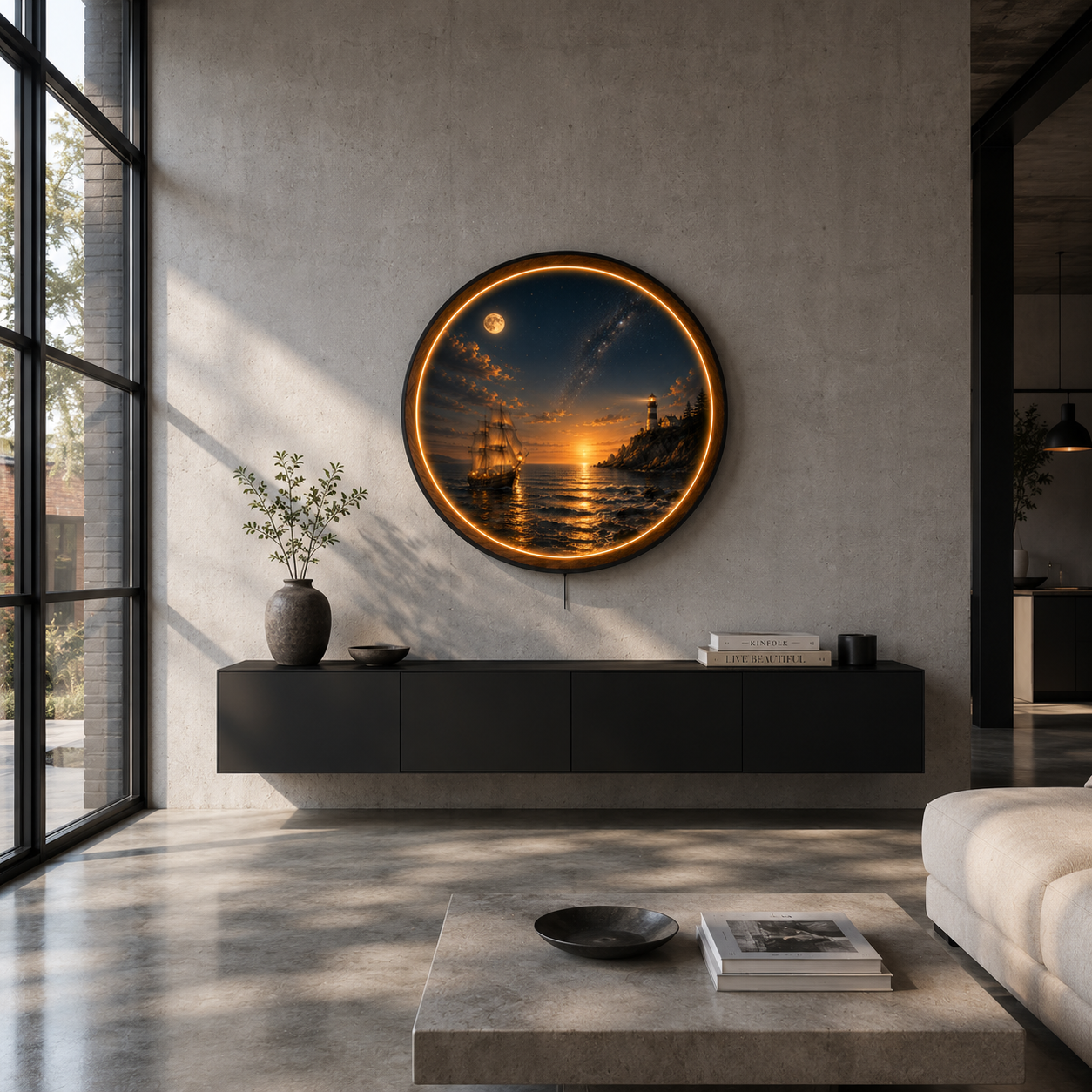 Celestial Lighthouse Voyage LED Wall Art – Nautical Wooden Light Decor