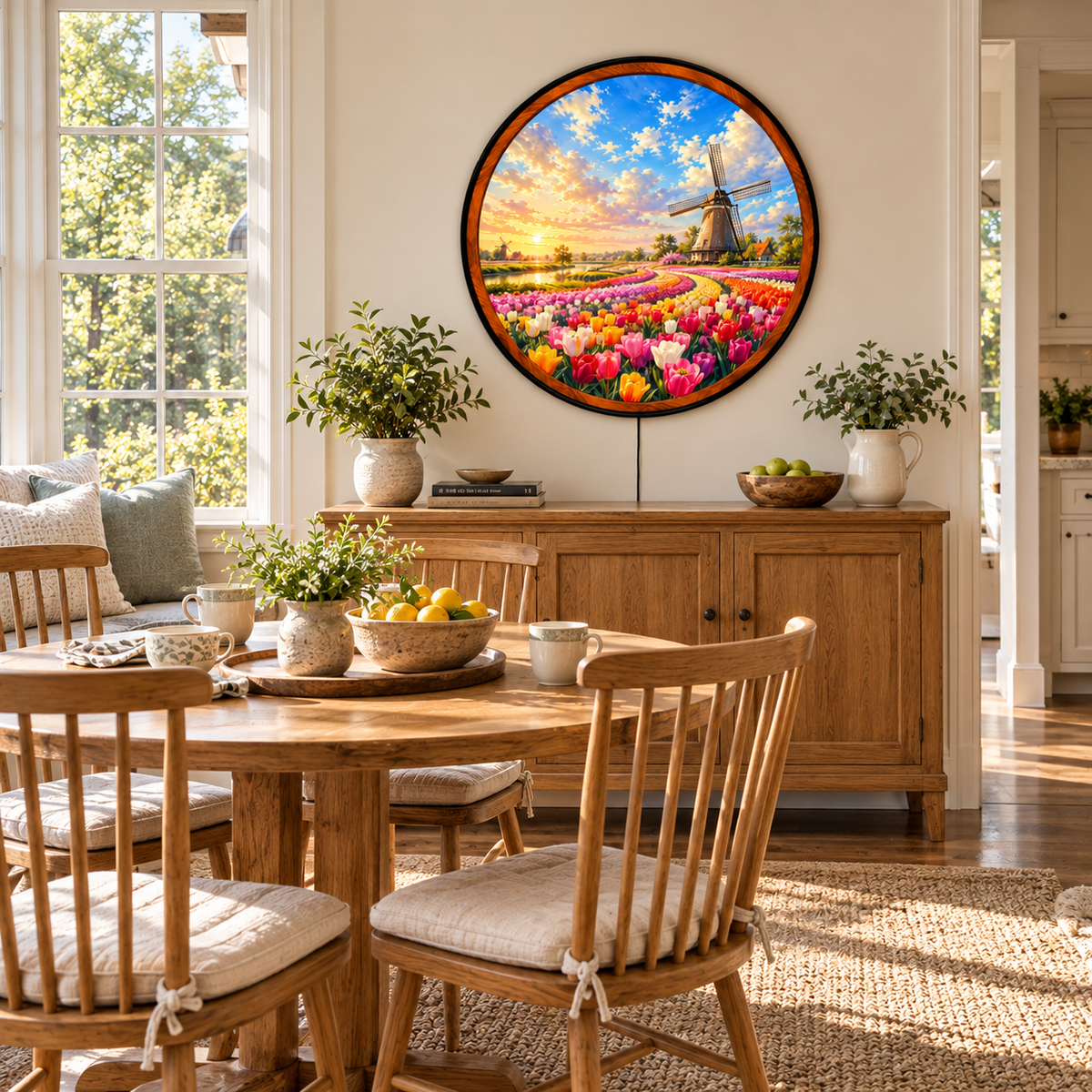 Tulip Fields at Sunset – Handcrafted Round LED Wall Art