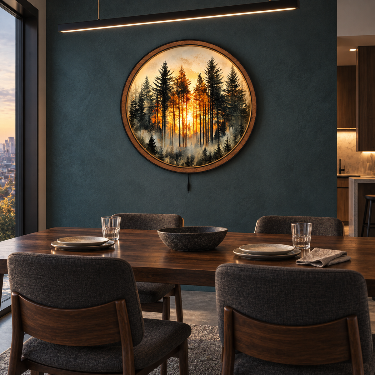 Forest Sunrise LED Wall Art – Golden Pine Woodland Decor