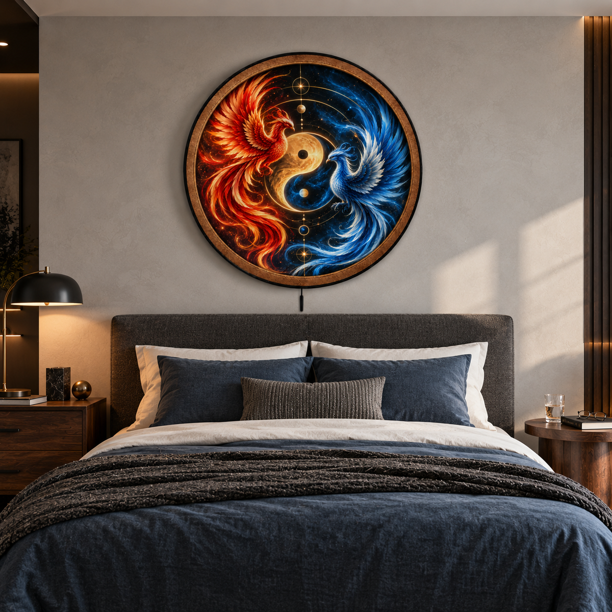 Celestial Balance – Fire & Ice Phoenix LED Wall Art