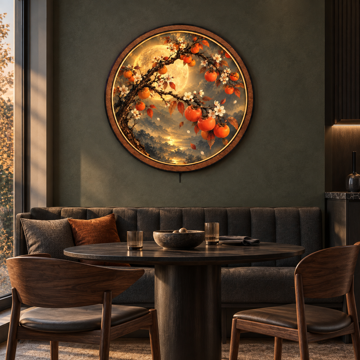 Golden Harvest Moon LED Wall Art – Autumn Persimmon Tree Decor