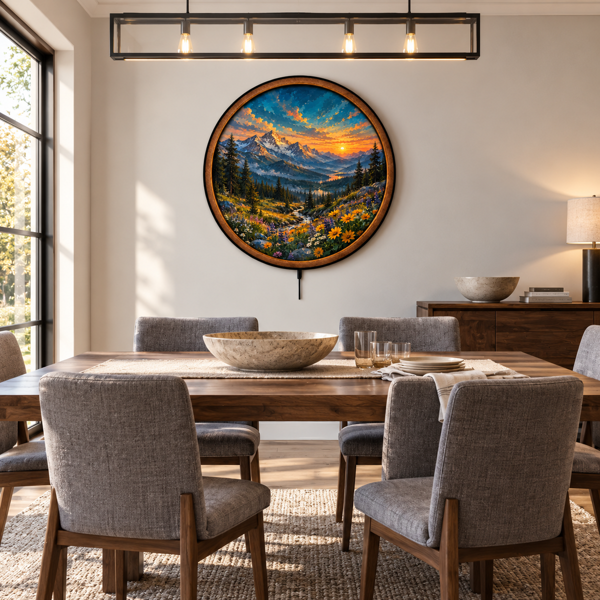 Alpine Wildflower Sunset Mountain Circular LED Wall Art