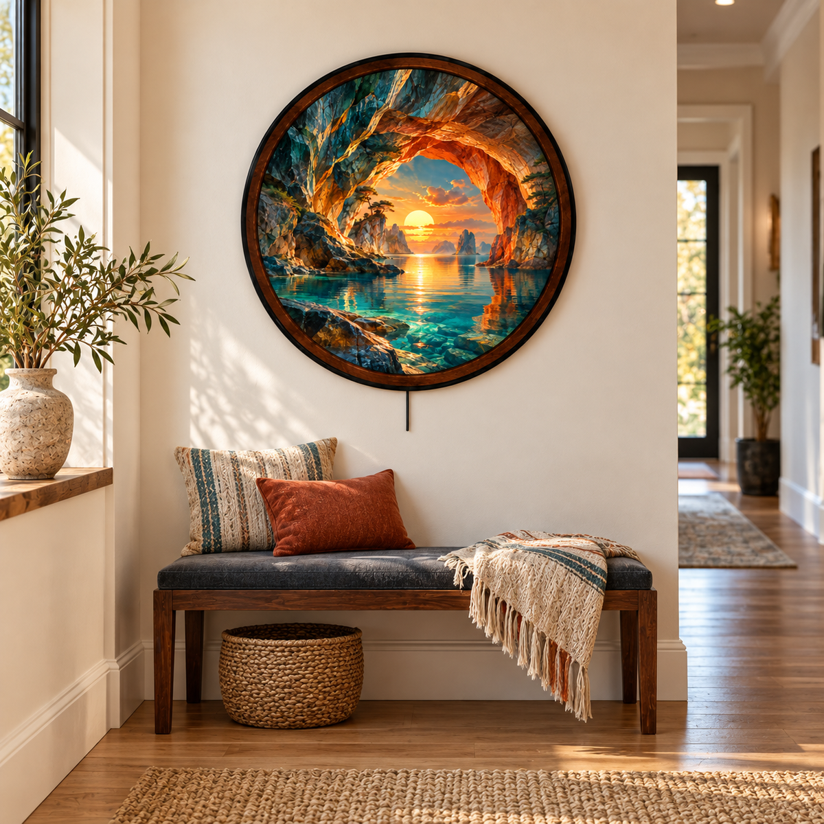 Ocean Cave Sunset Landscape, Coastal Nature – Handcrafted LED Wall Art
