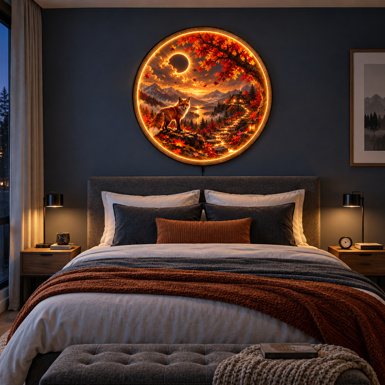 Autumn Eclipse Fox LED Wall Art – Mountain Fall Landscape