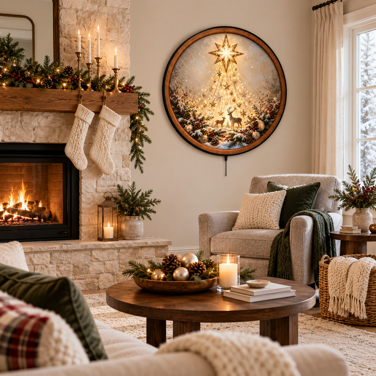 Handcrafted Golden Christmas Star & Deer LED Wall Art