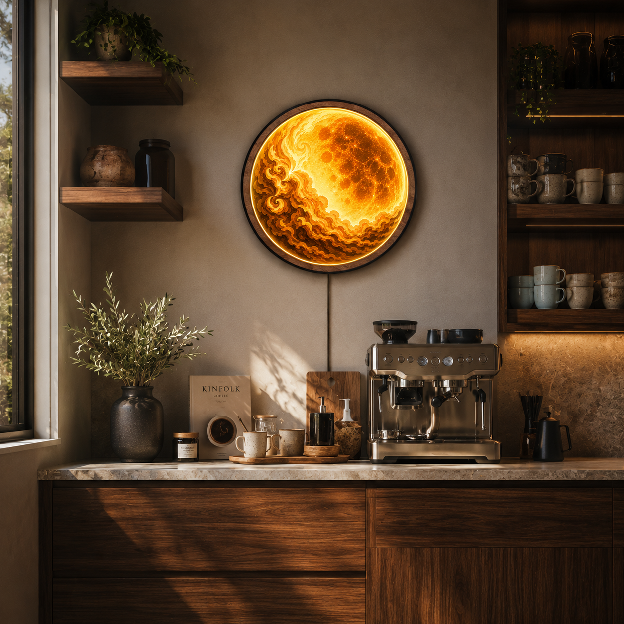 Golden Moon Abstract LED Wall Art – Illuminated Acrylic Round Wall Decor
