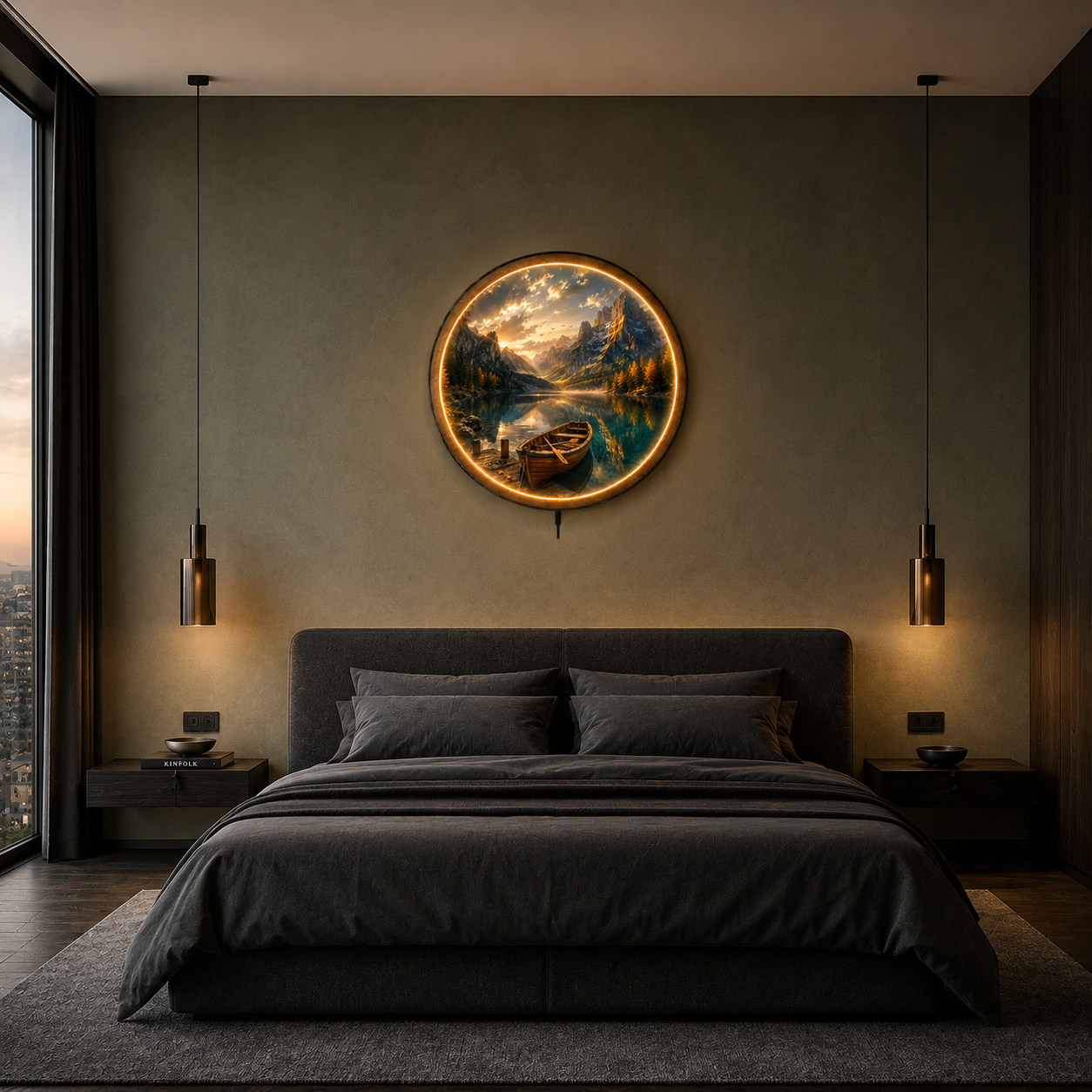 Alpine Serenity LED Wall Art – Illuminated Mountain Lake Boat Landscape Decor