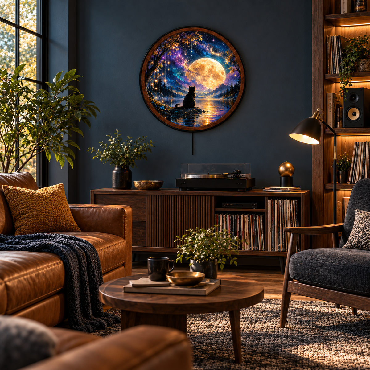 Moonlit Cat – Handcrafted LED Wall Art | Black Cat & Golden Moon