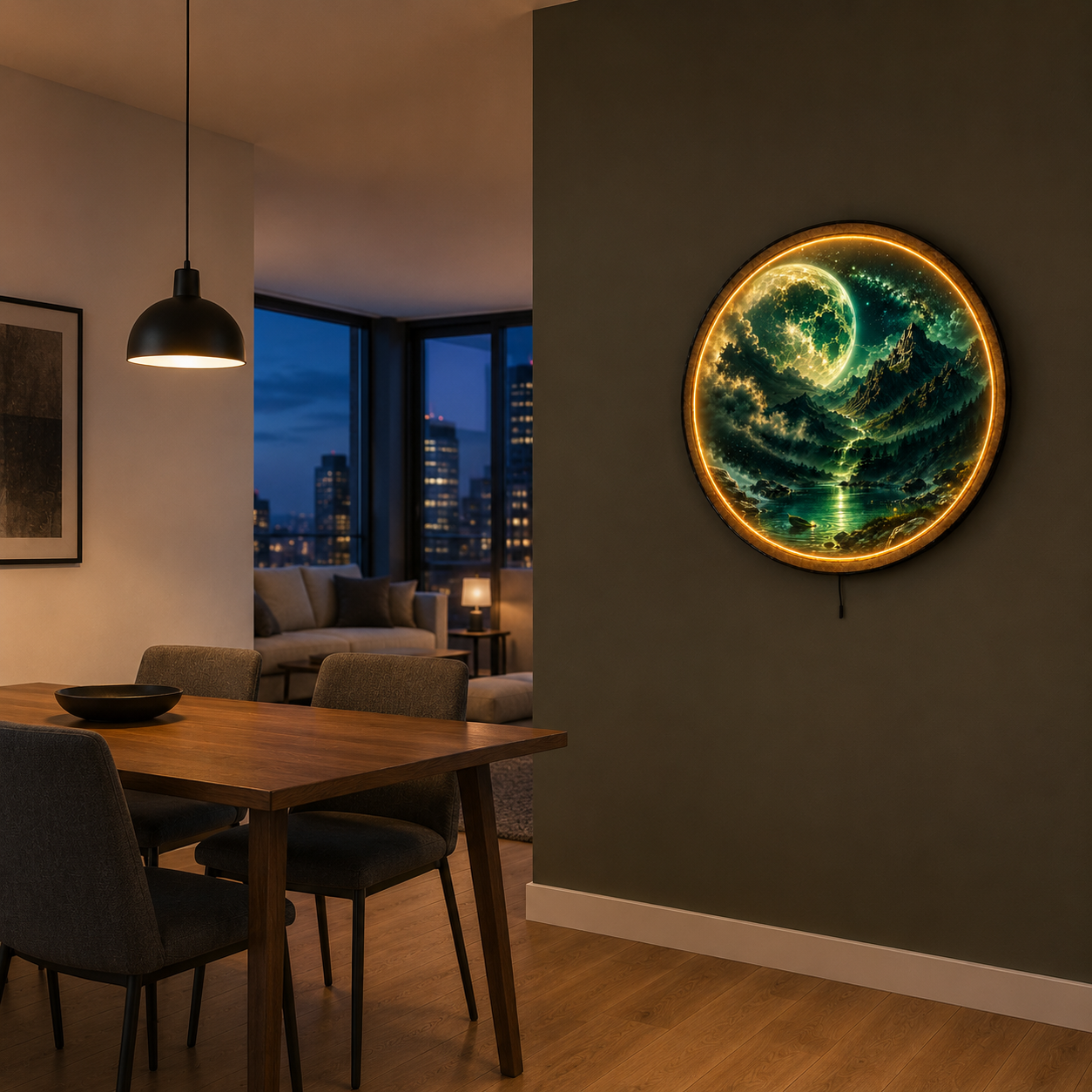 Emerald Moonfall LED Wall Art – Celestial Mountain & Moon Decor