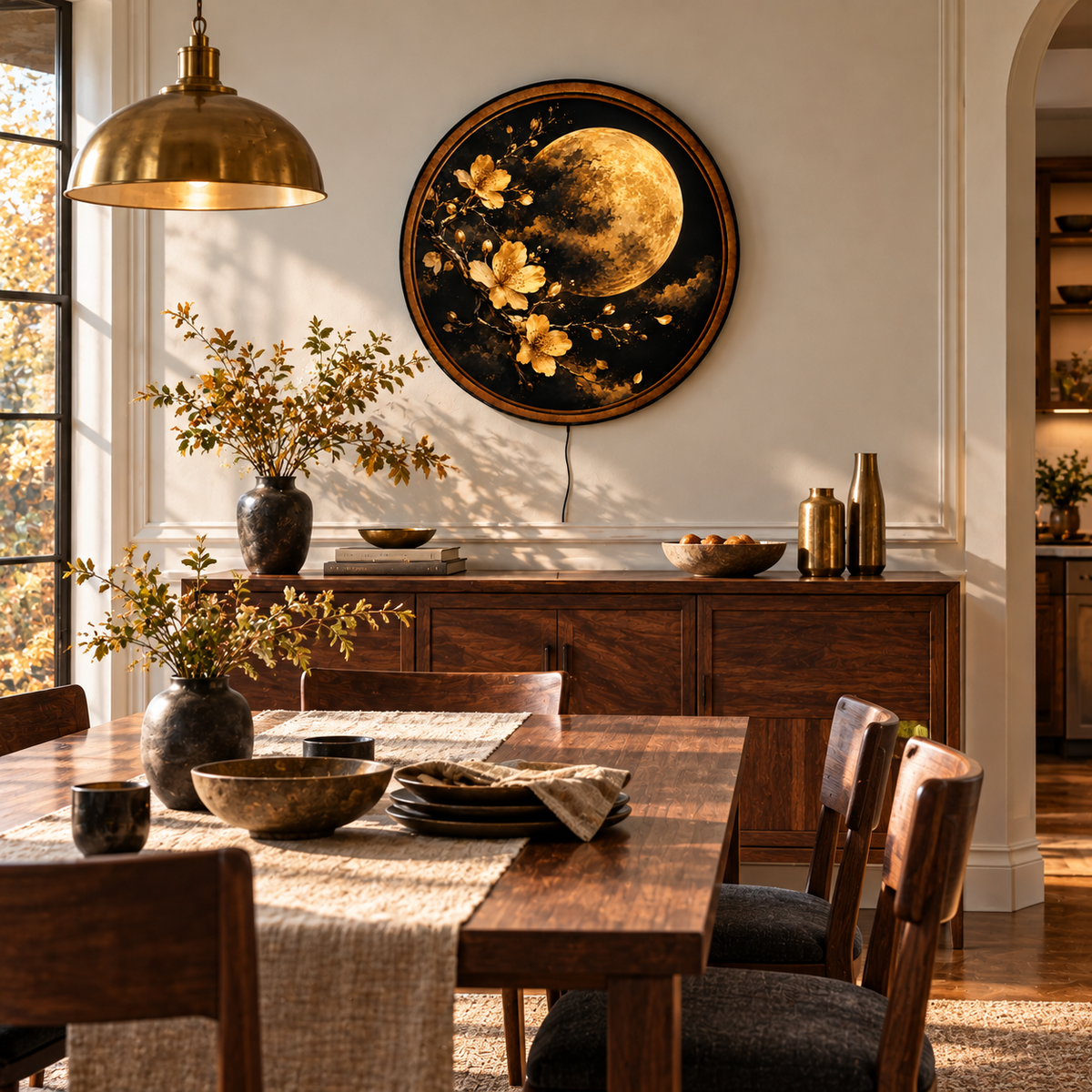 Handcrafted Golden Moon LED Wall Art – Gold Cherry Blossoms, Black & Gold