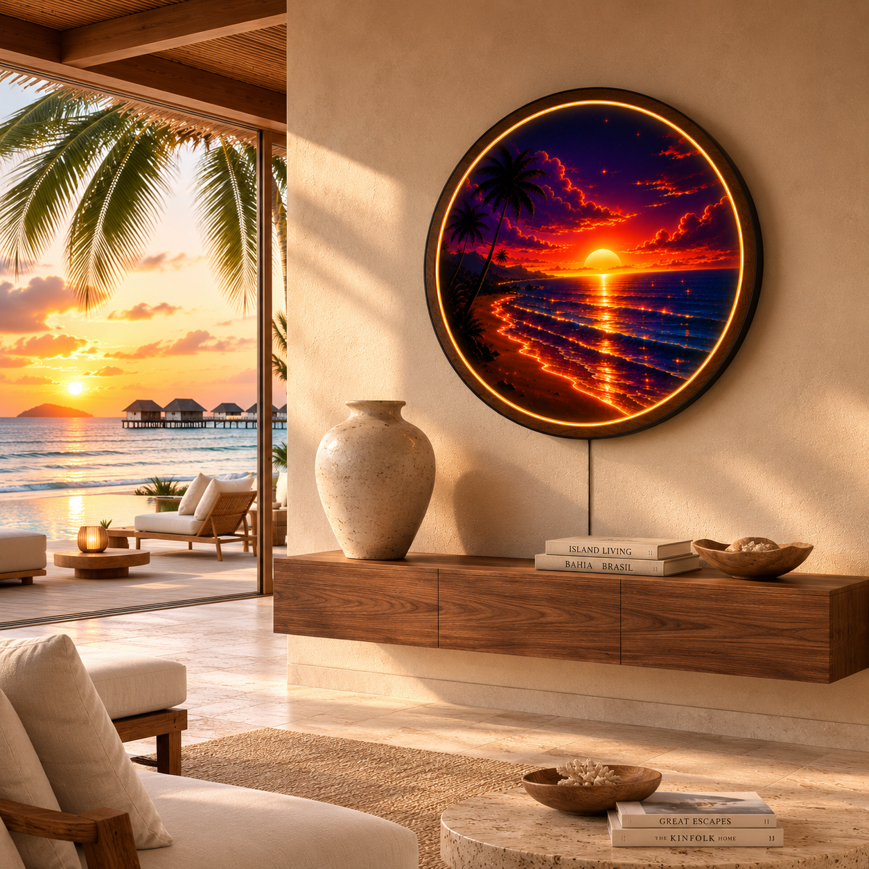 Golden Sunset Round LED Wall Art | Tropical Sunset Acrylic Wall Decor with Wooden Frame